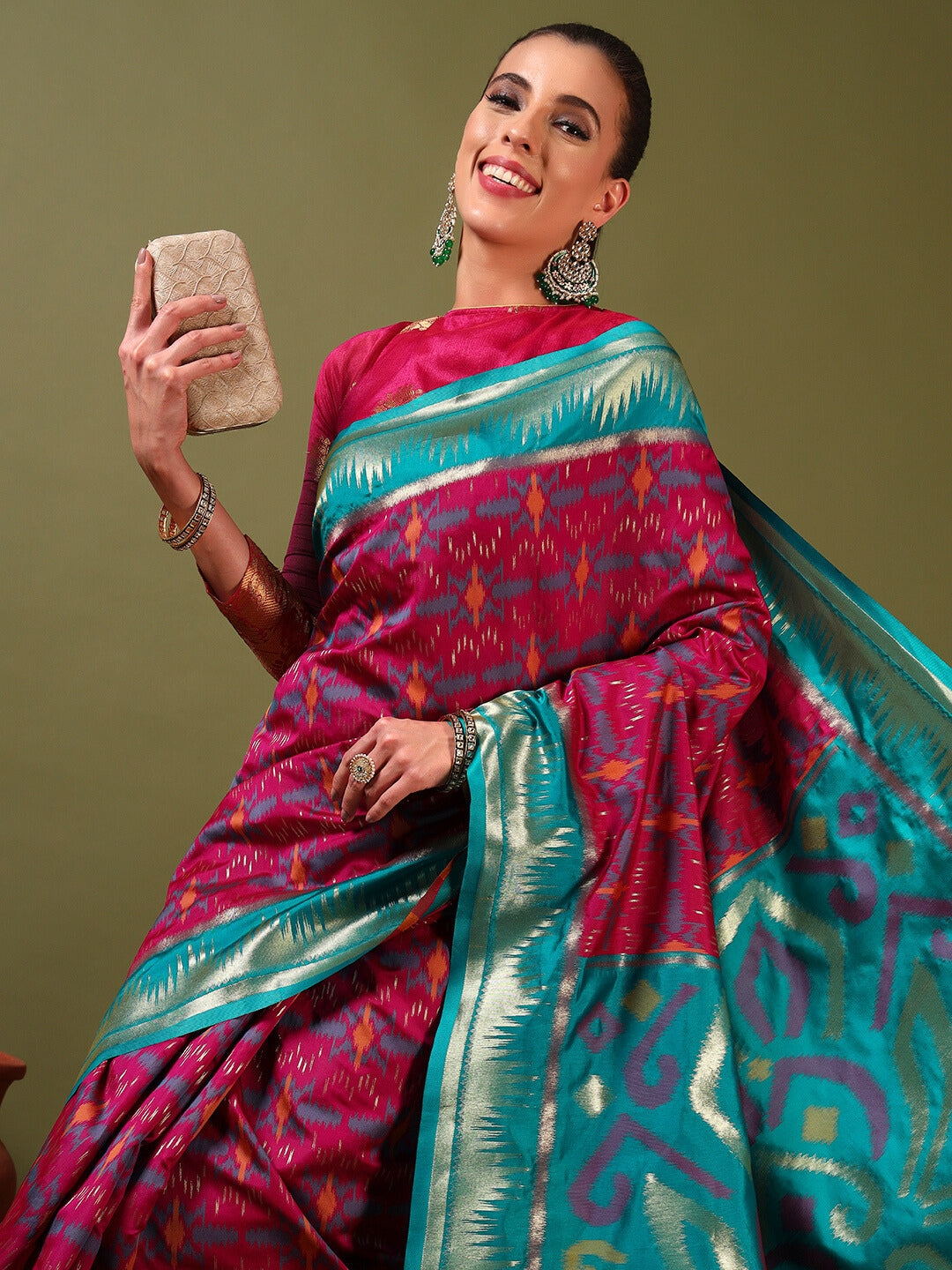 Chhabra 555 Ikat Pochampally Silk Saree with Meenakari Weaving & Contrast Temple Border 