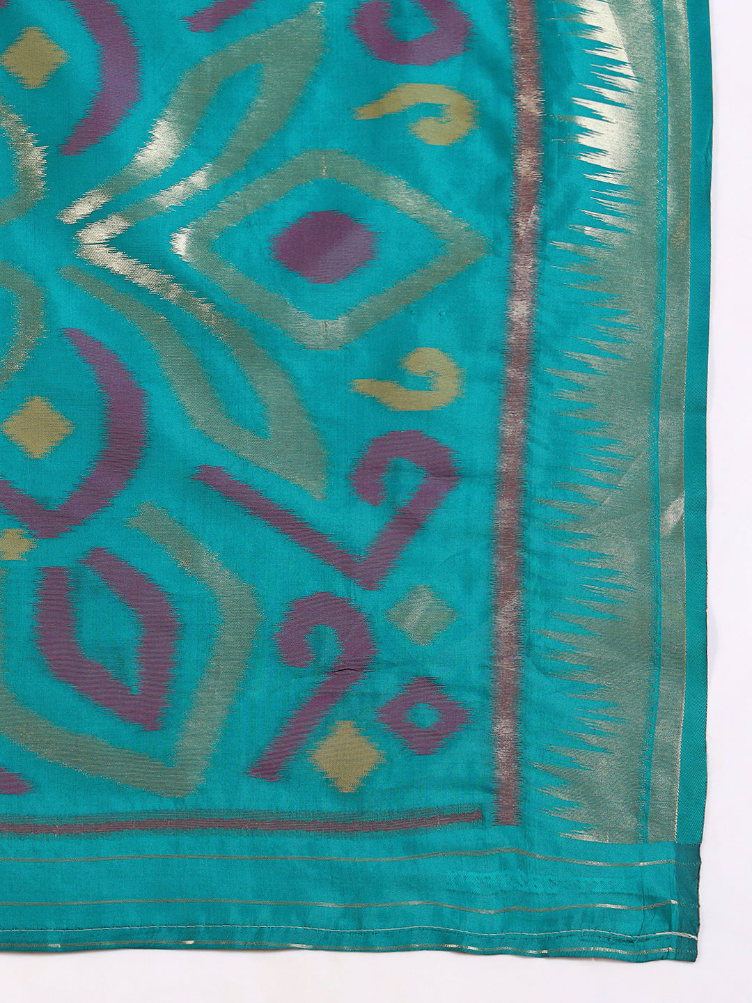 Ikat Pochampally Silk Saree with Meenakari Weaving & Contrast Temple Border