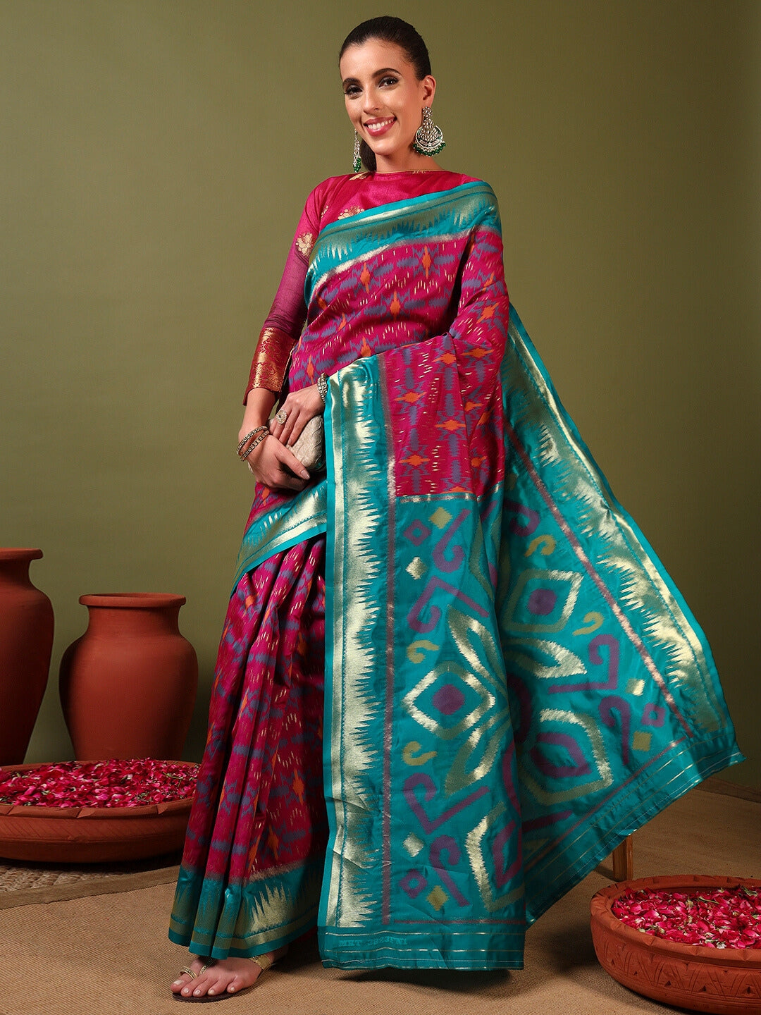 Ikat Pochampally Silk Saree with Meenakari Weaving & Contrast Temple Border