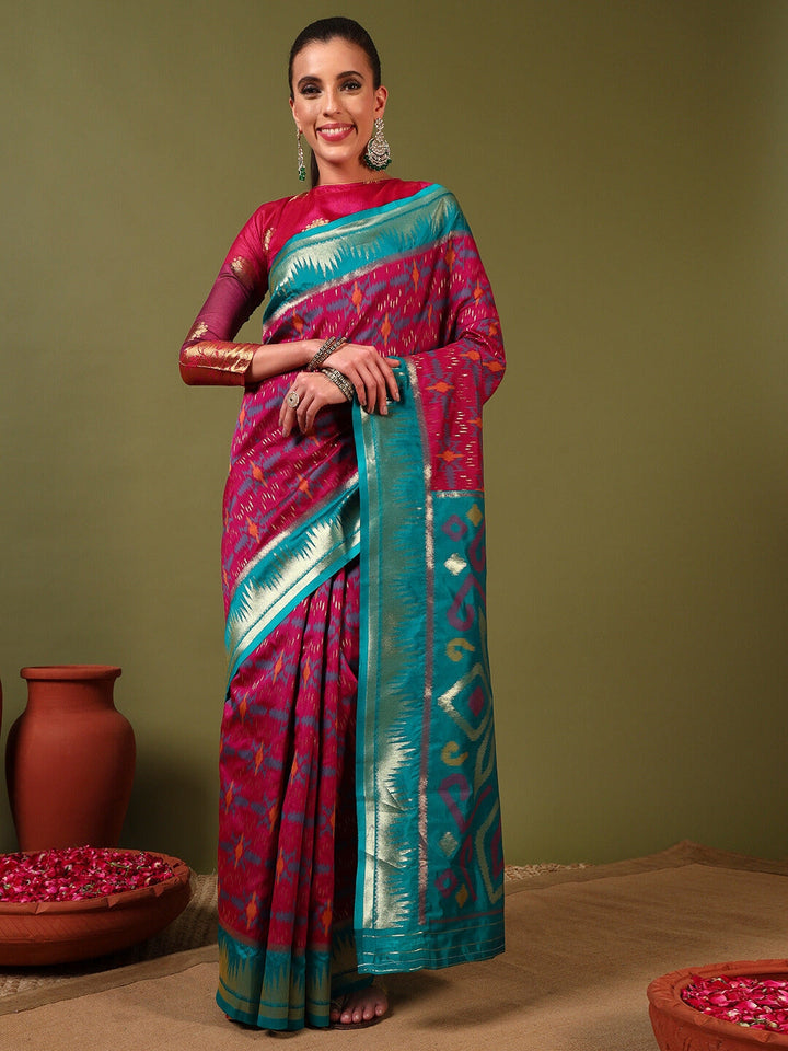 Ikat Pochampally Silk Saree with Meenakari Weaving & Contrast Temple Border