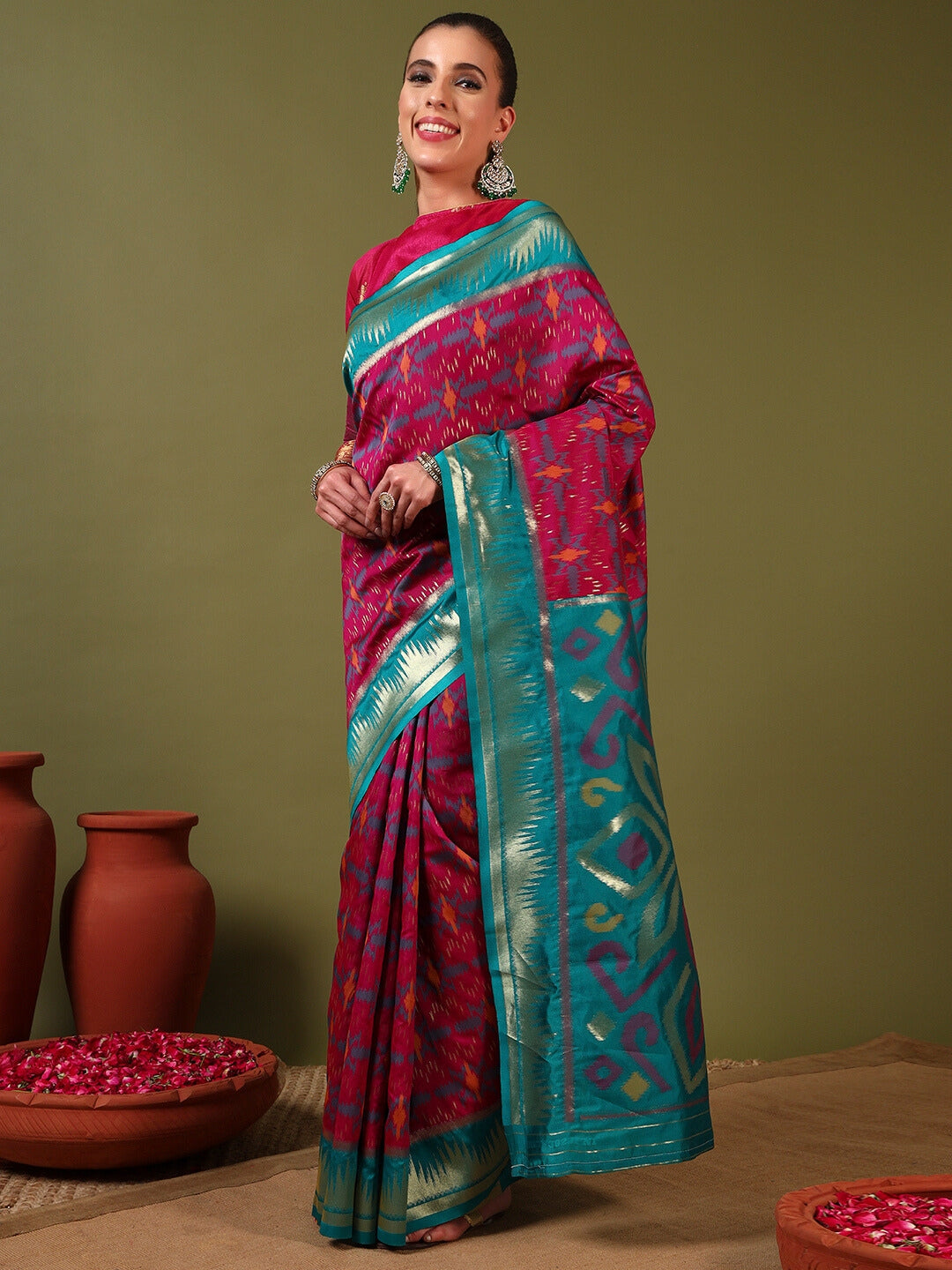 Ikat Pochampally Silk Saree with Meenakari Weaving & Contrast Temple Border