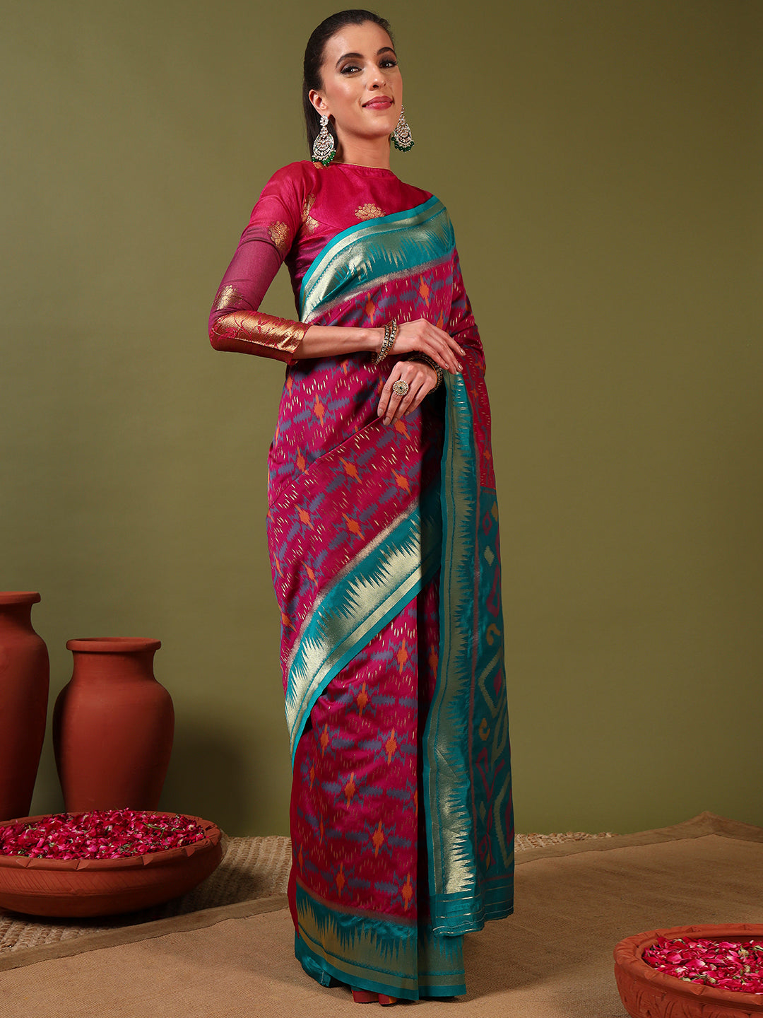 Ikat Pochampally Silk Saree with Meenakari Weaving & Contrast Temple Border