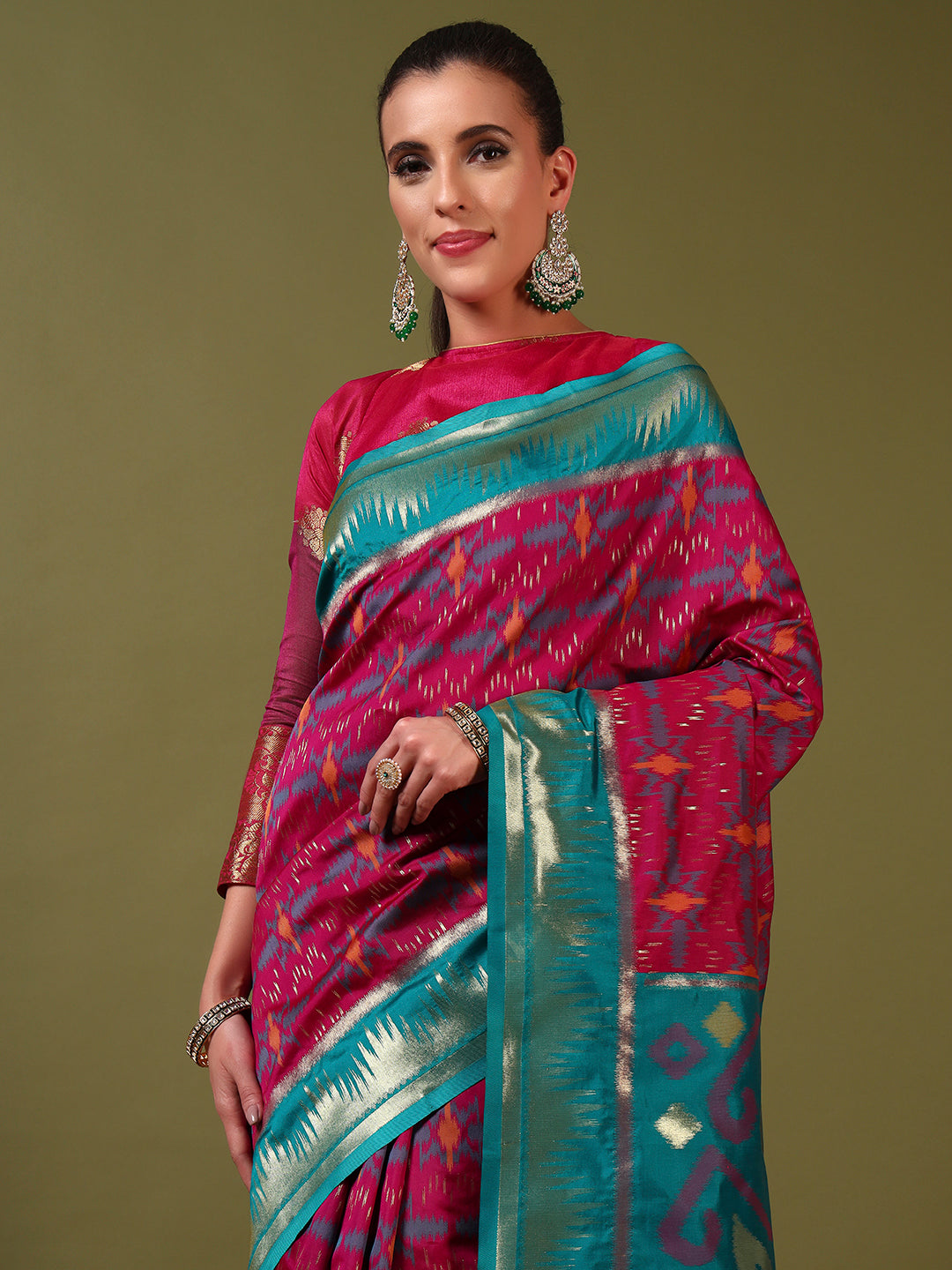 Ikat Pochampally Silk Saree with Meenakari Weaving & Contrast Temple Border