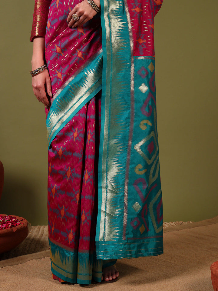 Ikat Pochampally Silk Saree with Meenakari Weaving & Contrast Temple Border