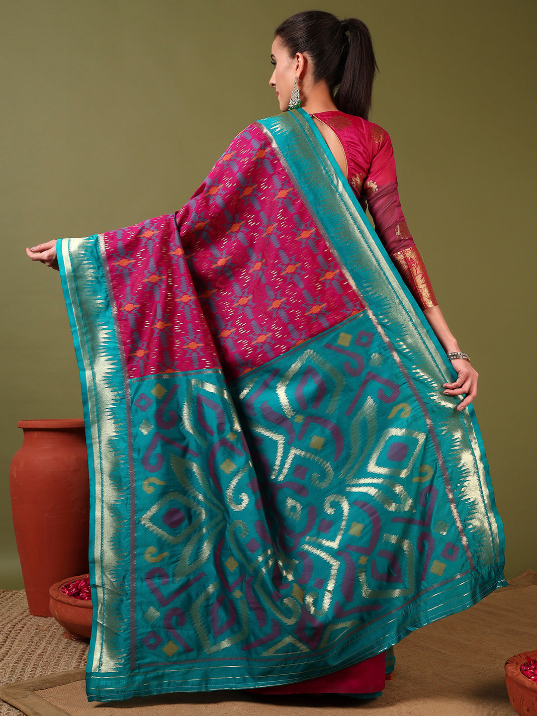 Ikat Pochampally Silk Saree with Meenakari Weaving & Contrast Temple Border