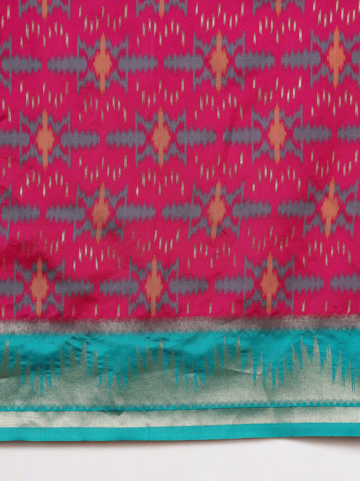 Ikat Pochampally Silk Saree with Meenakari Weaving & Contrast Temple Border