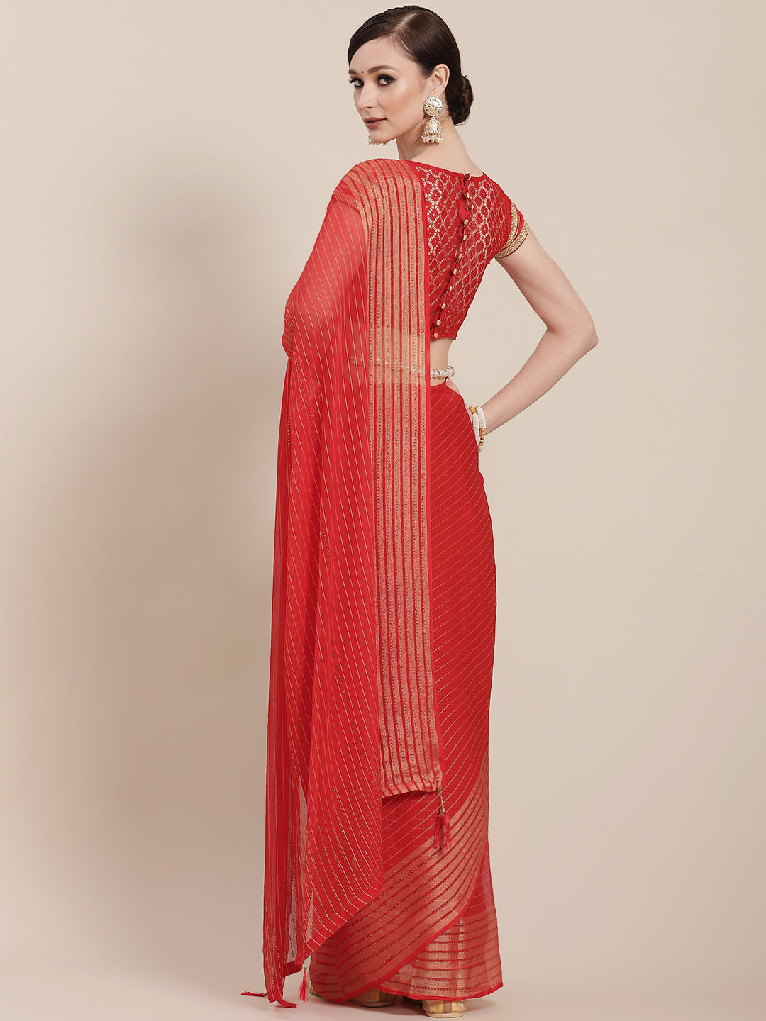 Red Chiffon Swarovski Embelllished Striped Weaving Belted Saree