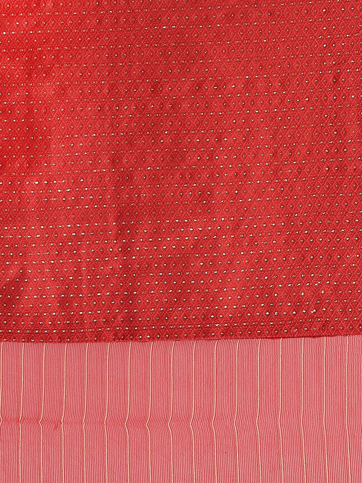 Red Chiffon Swarovski Embelllished Striped Weaving Belted Saree
