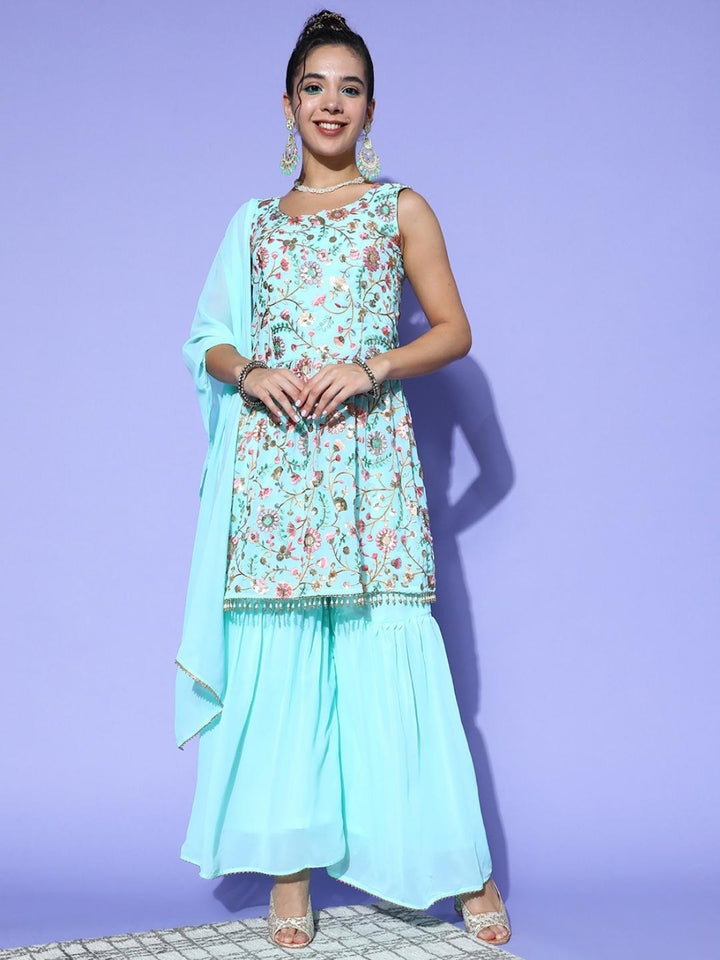MultiColor Embroidery Peplum Kurta with Flared Sharara