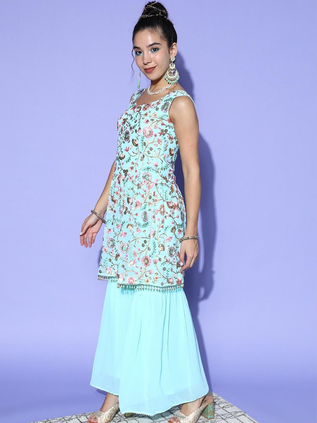 MultiColor Embroidery Peplum Kurta with Flared Sharara