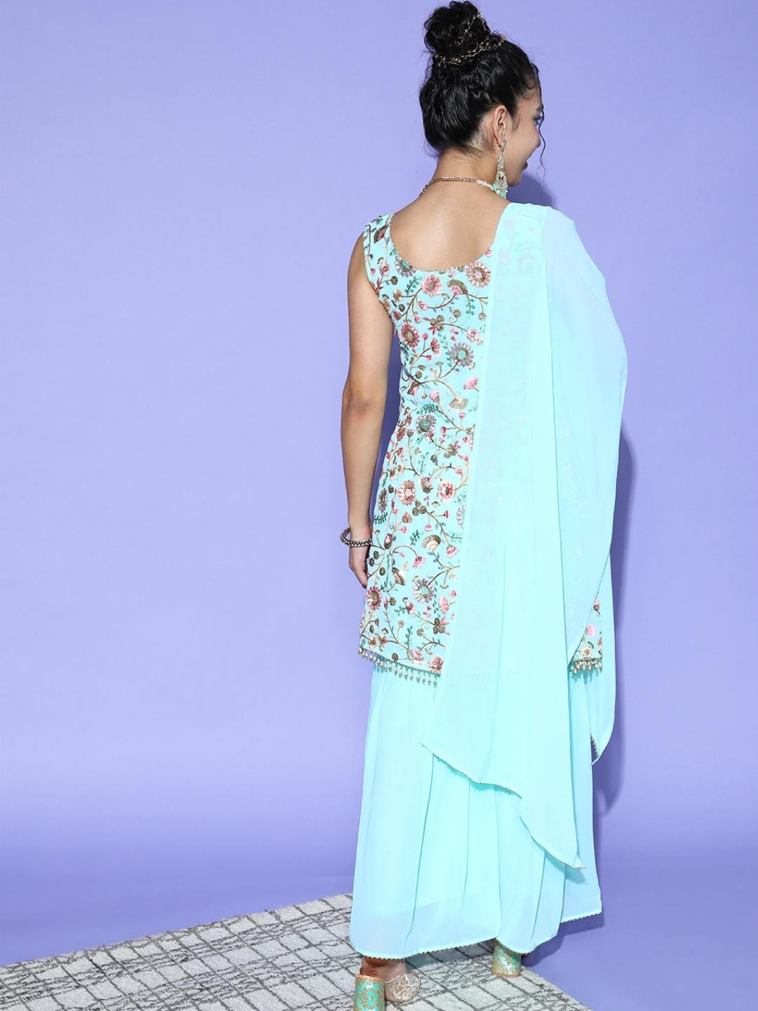 MultiColor Embroidery Peplum Kurta with Flared Sharara