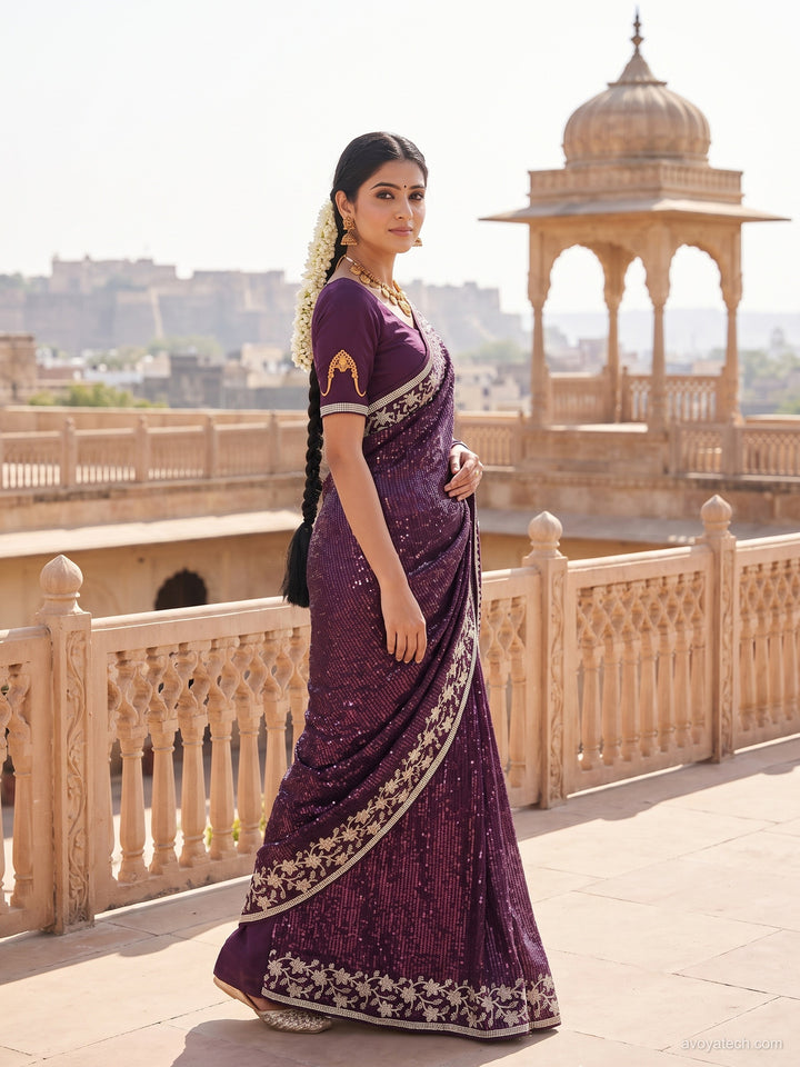 Sequin Embroidered Georgette Saree with Floral Border and Blouse Piece