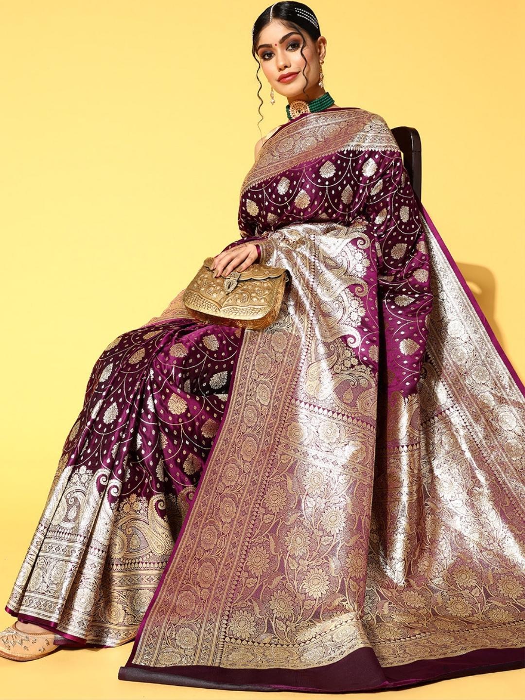 Wine Ethnic Motifs Gold Zari Silk Kanjeevaram Wedding belted Saree
