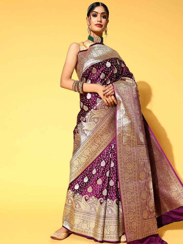 Wine Ethnic Motifs Gold Zari Silk Kanjeevaram Wedding belted Saree