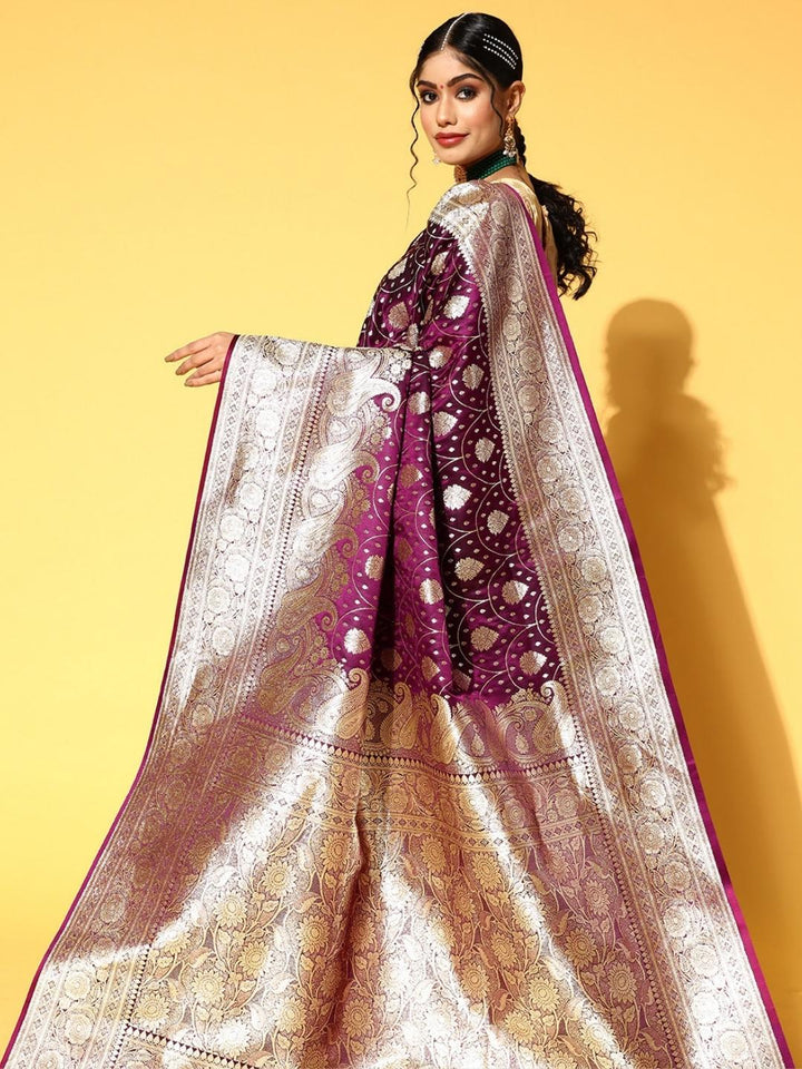 Wine Ethnic Motifs Gold Zari Silk Kanjeevaram Wedding belted Saree