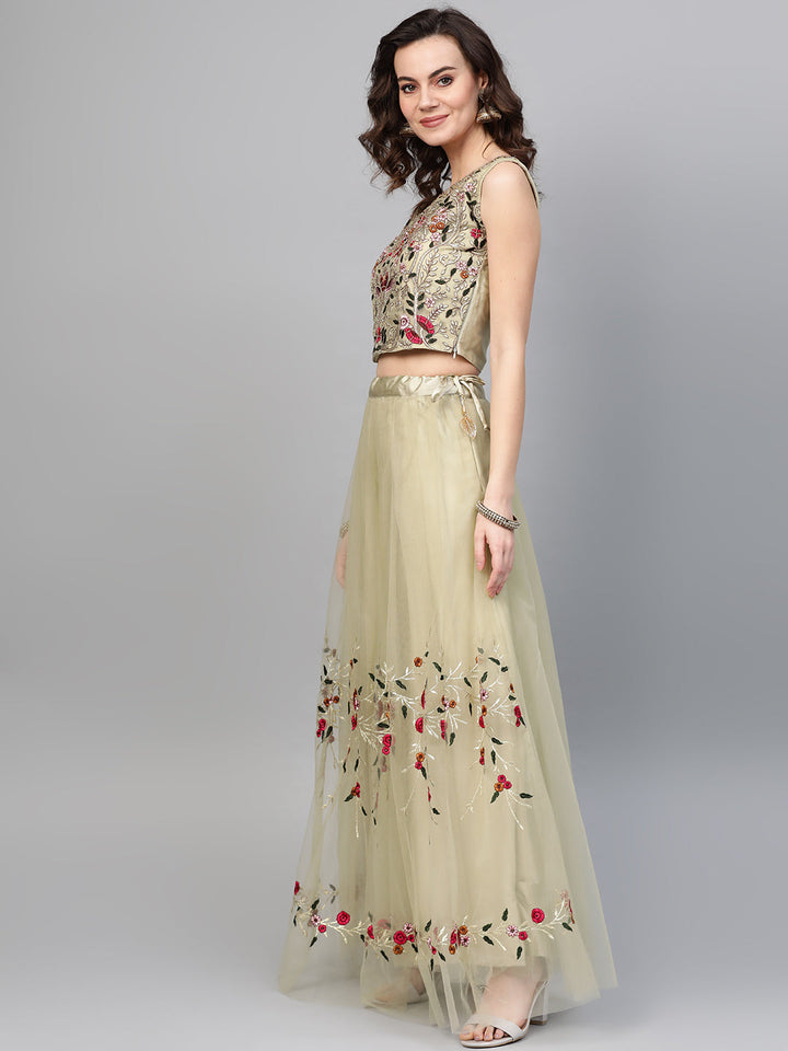 Made-to-Measure Crop Top Lehenga with Resham Zari embroidery & flared kalidar hemline