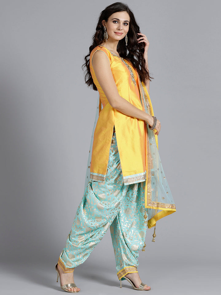 Colorblocked Embroidered Suit with Foil Print Patiala Salwar