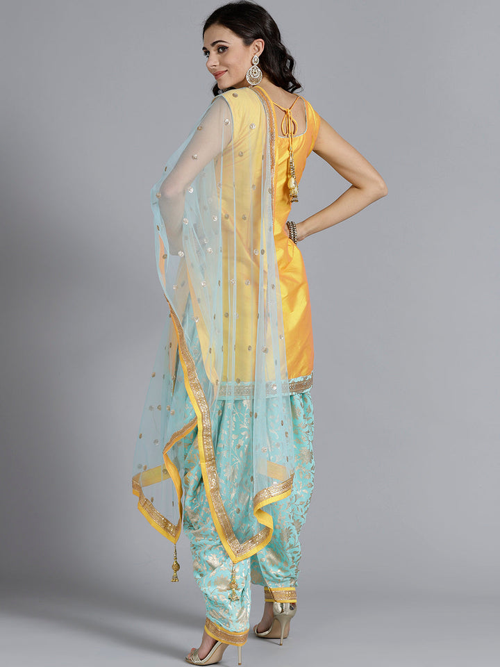 Colorblocked Embroidered Suit with Foil Print Patiala Salwar