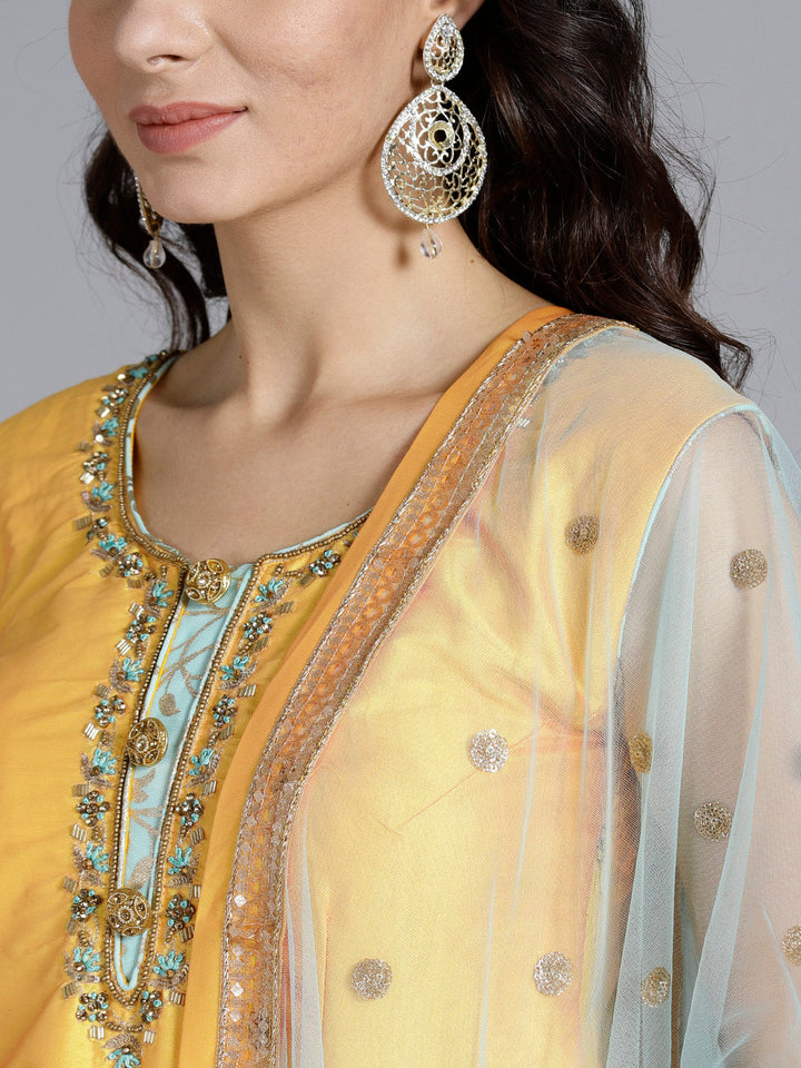 Colorblocked Embroidered Suit with Foil Print Patiala Salwar