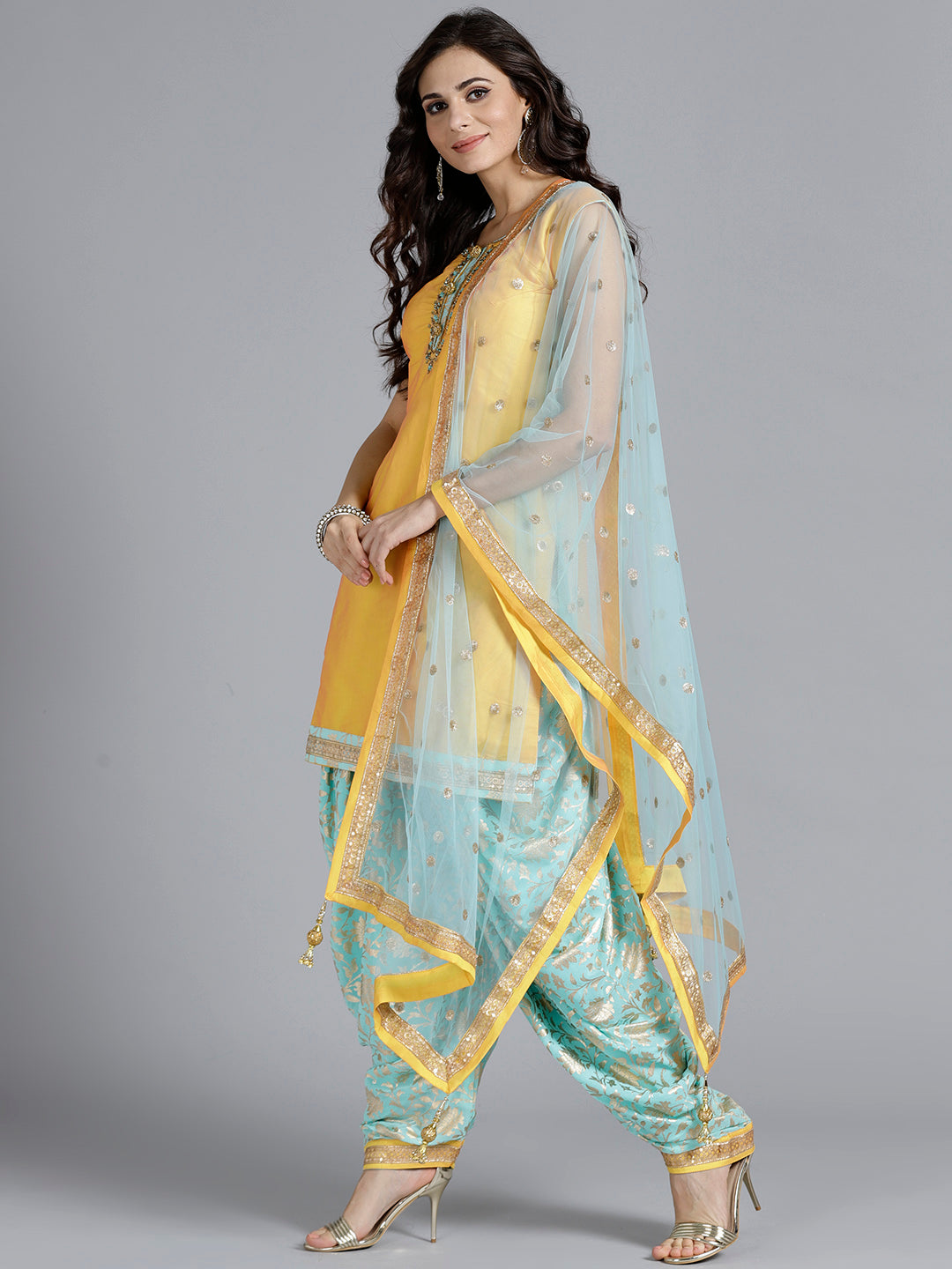 Colorblocked Embroidered Suit with Foil Print Patiala Salwar