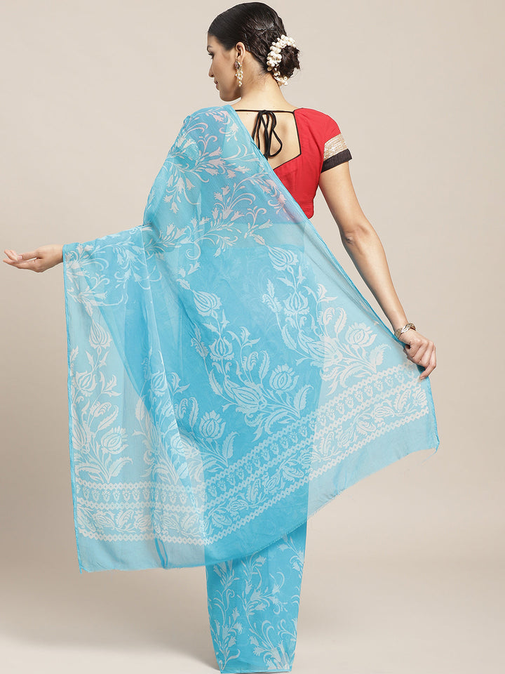 Pastel Turquoise Blue Summer Chiffon Saree with Contemporary Floral Prints