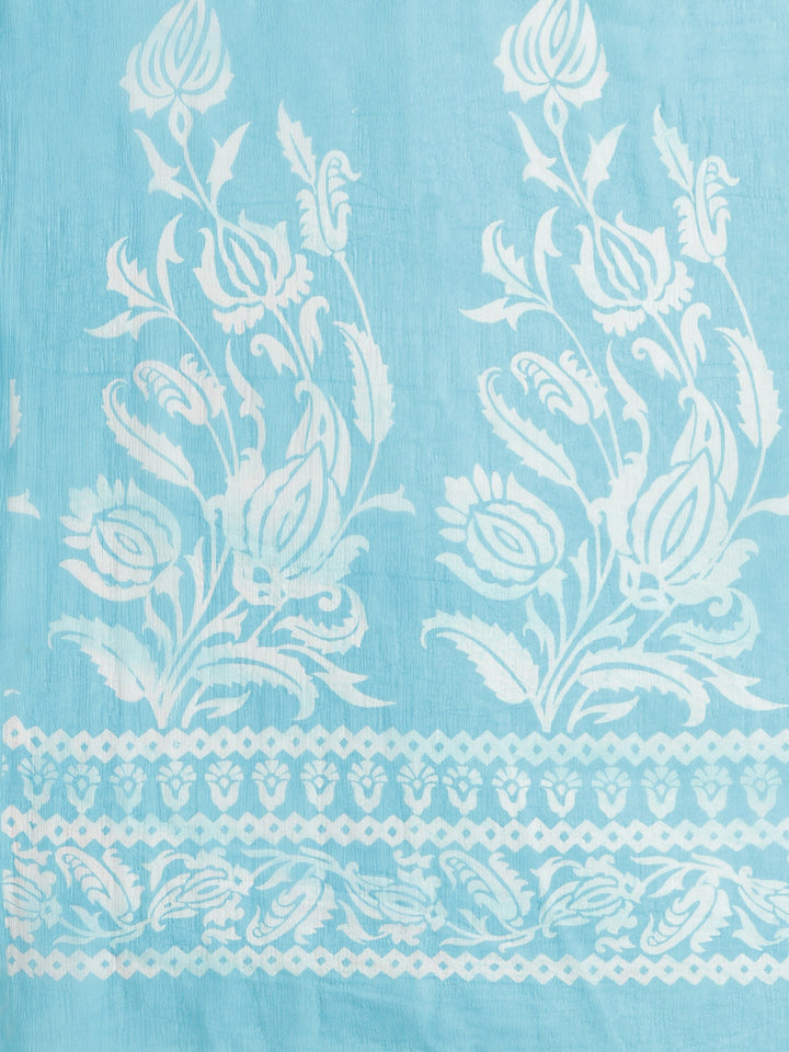 Pastel Turquoise Blue Summer Chiffon Saree with Contemporary Floral Prints