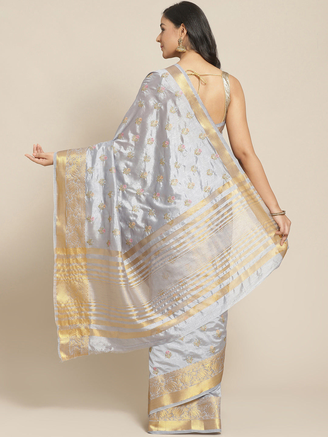 Handloom Chanderi Saree with intricate Resham Embroidered Floral motifs & Zari Border