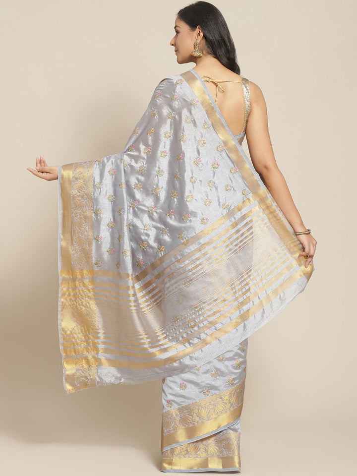 Handloom Chanderi Saree with intricate Resham Embroidered Floral motifs & Zari Border
