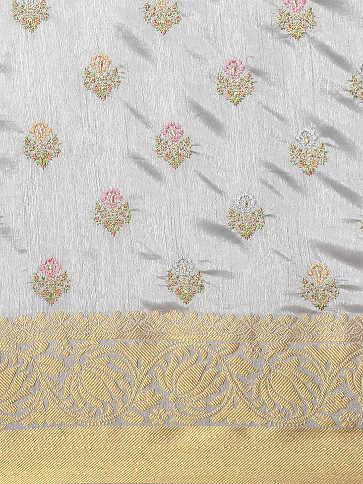Handloom Chanderi Saree with intricate Resham Embroidered Floral motifs & Zari Border