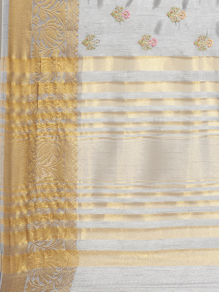 Handloom Chanderi Saree with intricate Resham Embroidered Floral motifs & Zari Border