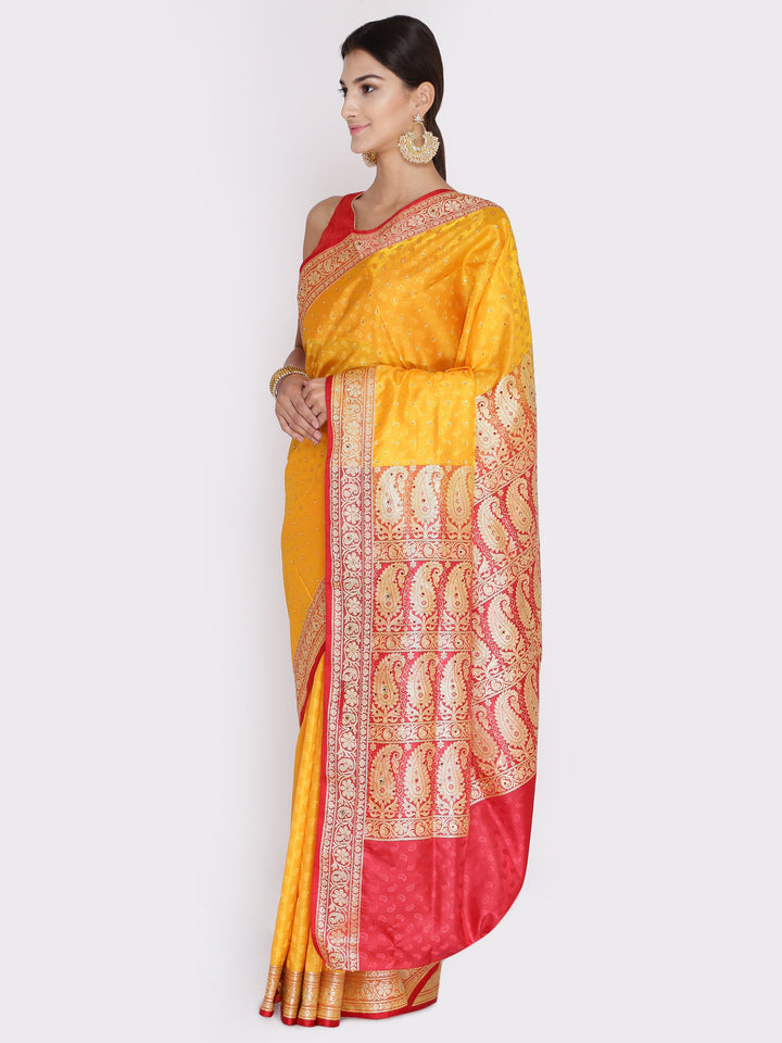 Yellow & Red Colored Banarasi Silk Zari Work Woven Traditional Saree