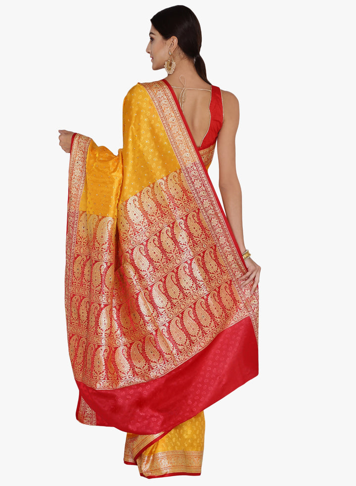 Yellow & Red Colored Banarasi Silk Zari Work Woven Traditional Saree