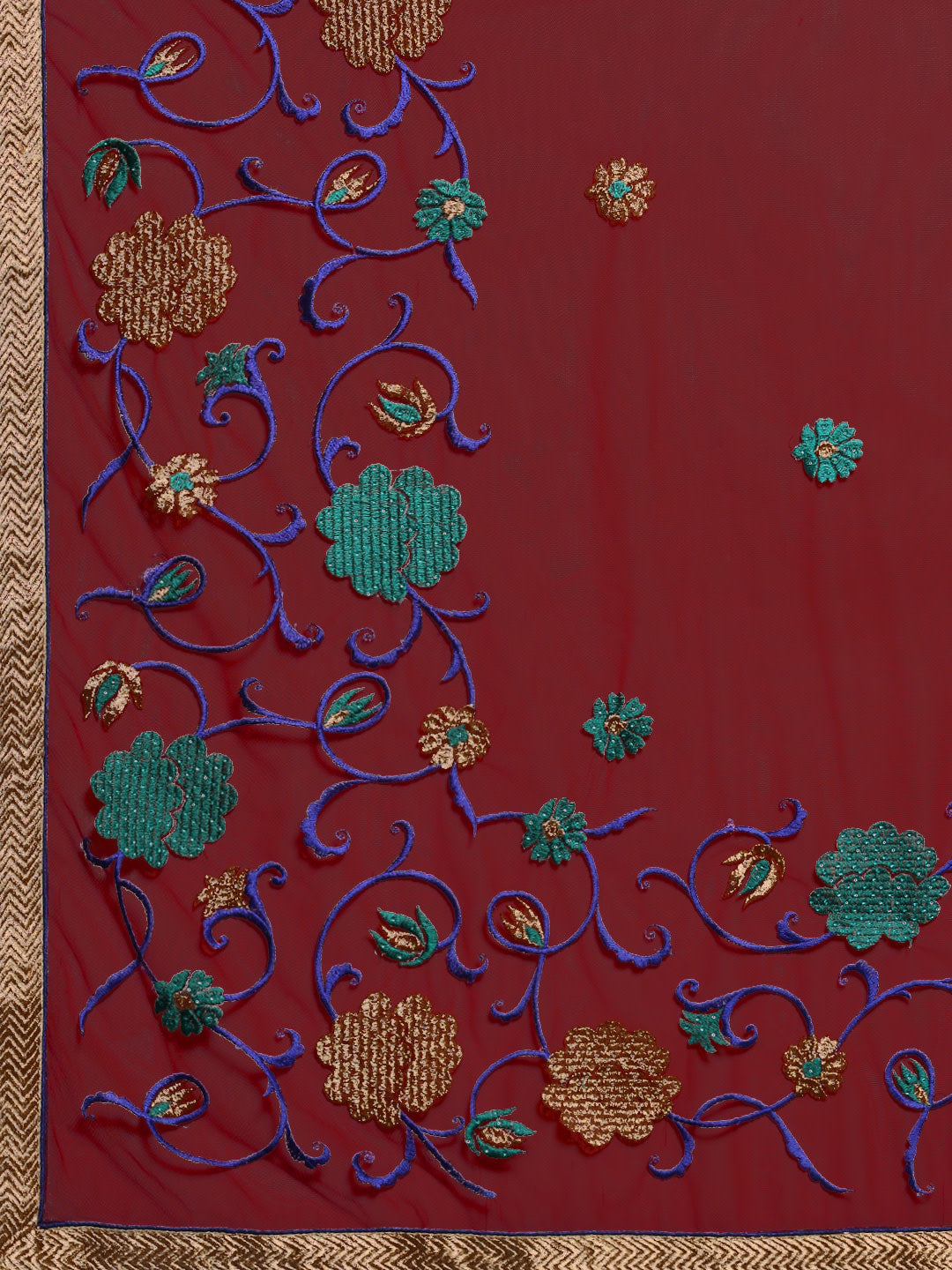 Maroon Net Floral Pattern Resham Embroidered Saree with Crystal Embellished