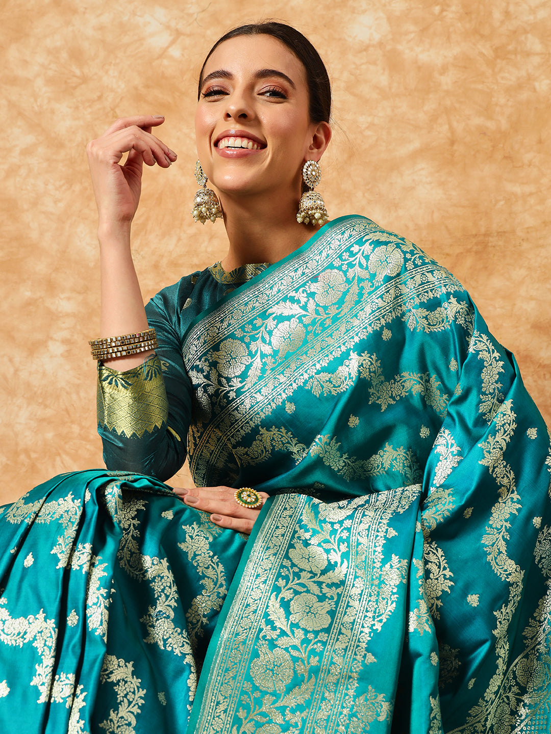 Chhabra 555 Teal Blue Handloom Banarasi Pure Silk Traditional Saree with Floral Resham Zari Weaving