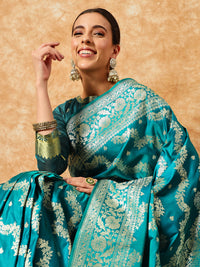 Chhabra 555 Teal Blue Handloom Banarasi Pure Silk Traditional Saree with Floral Resham Zari Weaving