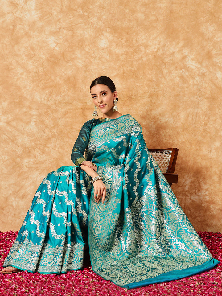 Teal Blue Handloom Banarasi Pure Silk Traditional Saree