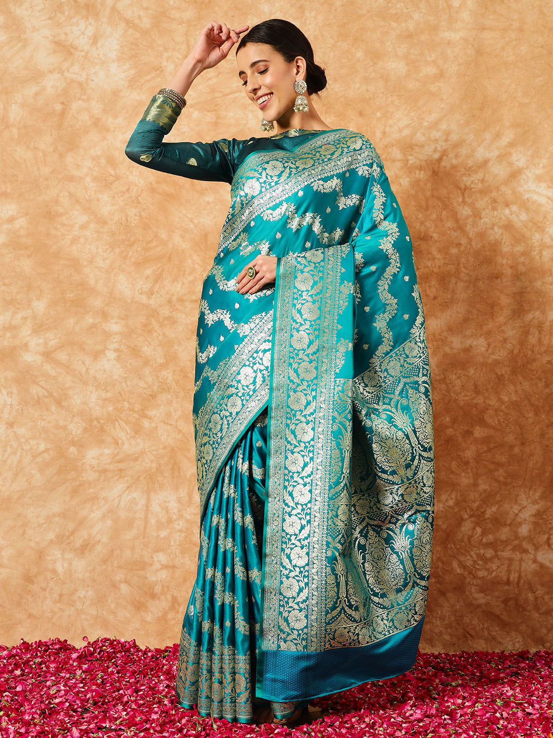 Teal Blue Handloom Banarasi Pure Silk Traditional Saree