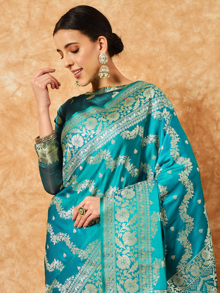 Teal Blue Handloom Banarasi Pure Silk Traditional Saree
