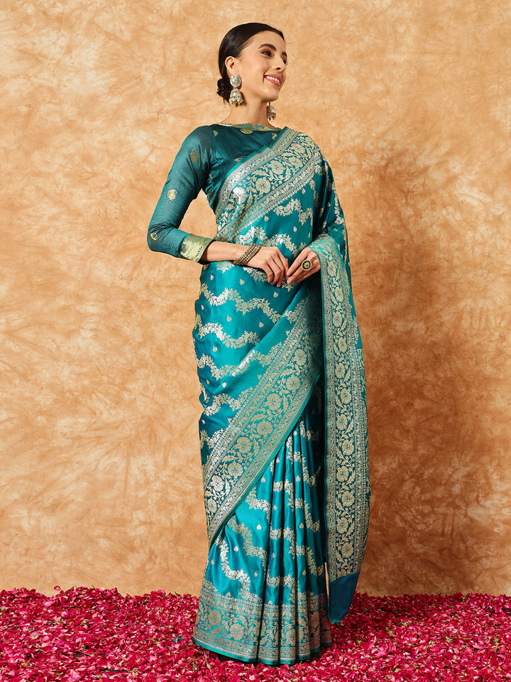 Teal Blue Handloom Banarasi Pure Silk Traditional Saree