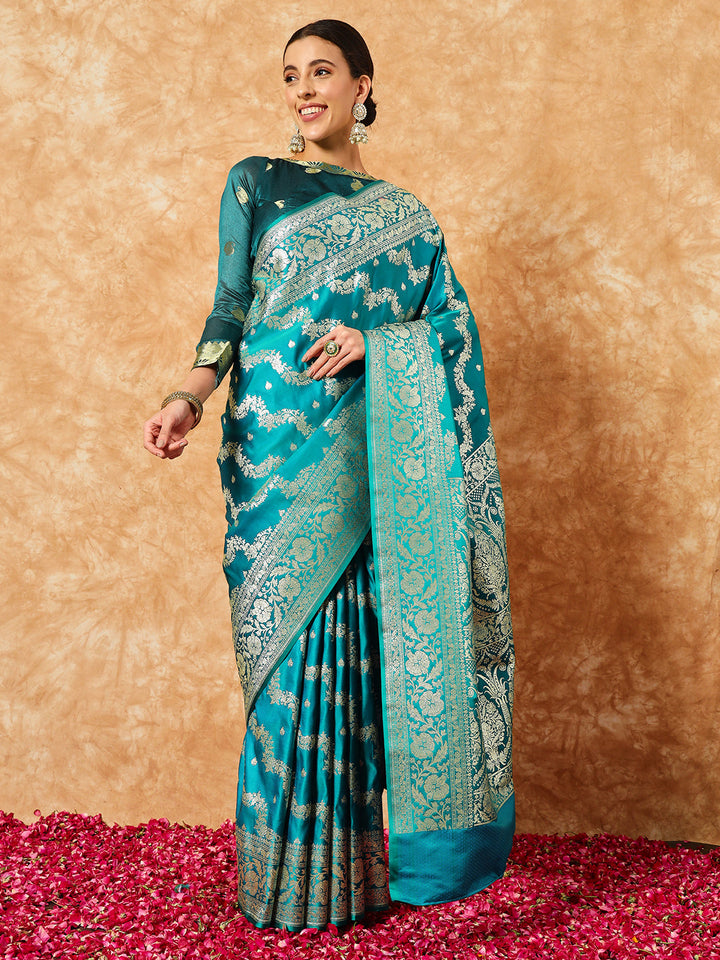 Teal Blue Handloom Banarasi Pure Silk Traditional Saree
