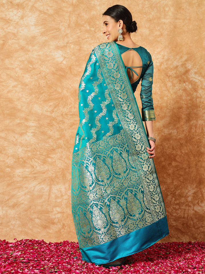 Teal Blue Handloom Banarasi Pure Silk Traditional Saree