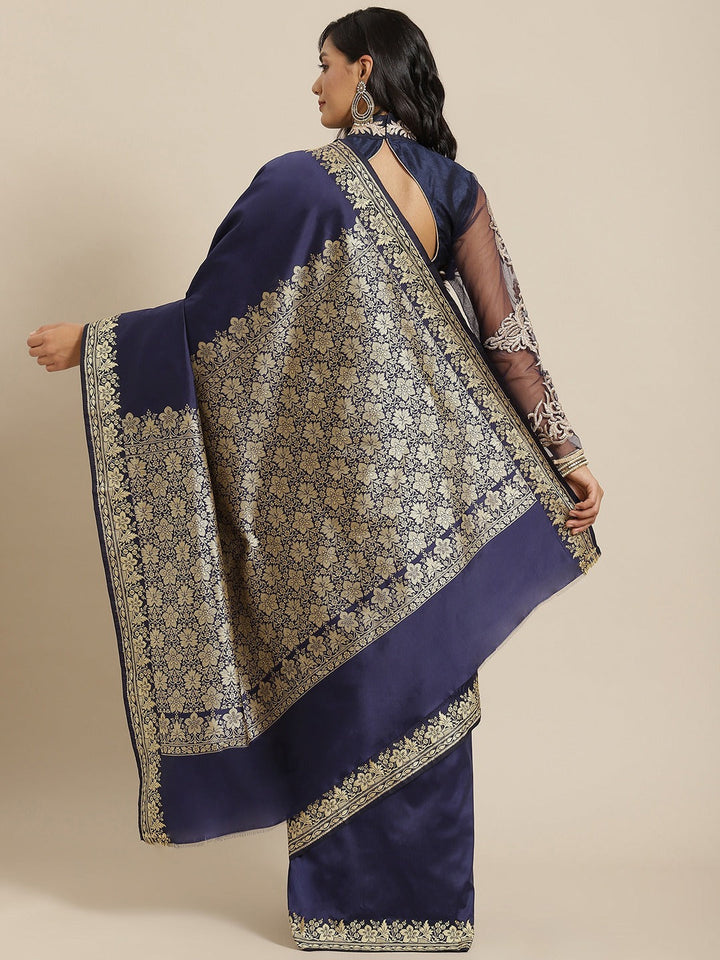 Navy Blue Resham & Thread Woven Banarasi Silk Saree