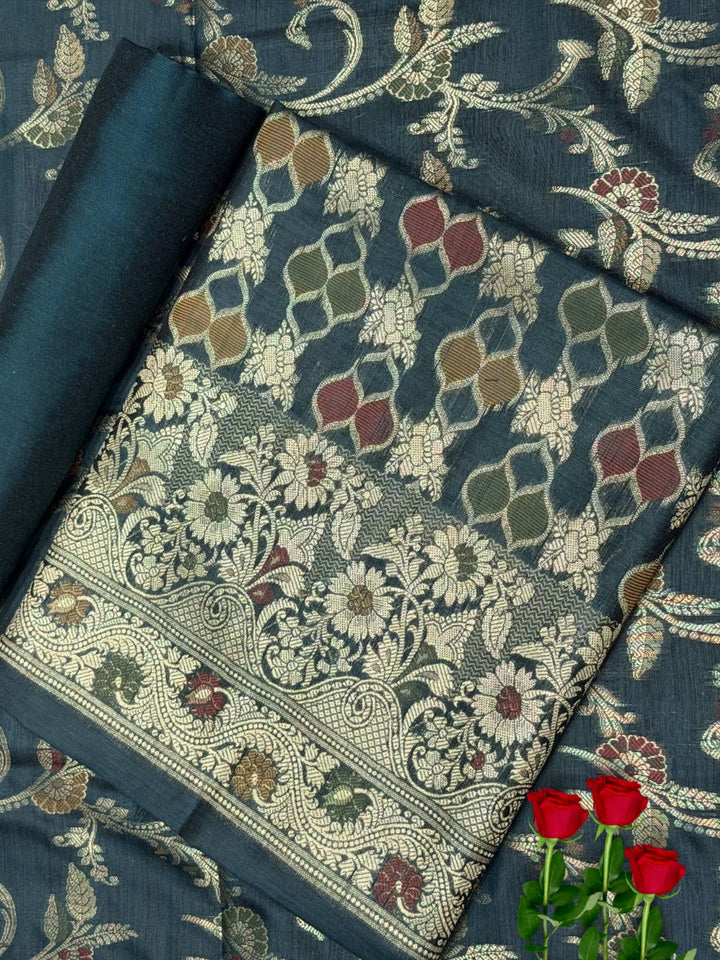 Zari Meenakari Weaving Banarasi Silk Dress Material with Intricate Floral Jhalar Dupatta