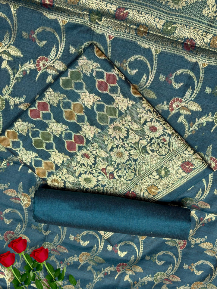 Zari Meenakari Weaving Banarasi Silk Dress Material with Intricate Floral Jhalar Dupatta