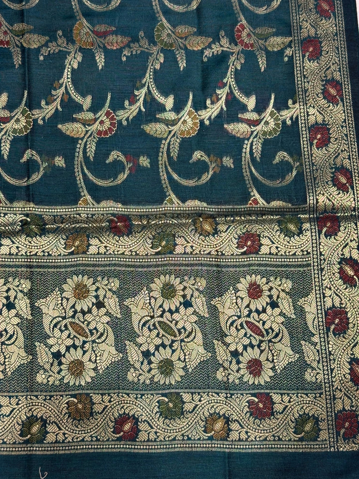 Zari Meenakari Weaving Banarasi Silk Dress Material with Intricate Floral Jhalar Dupatta
