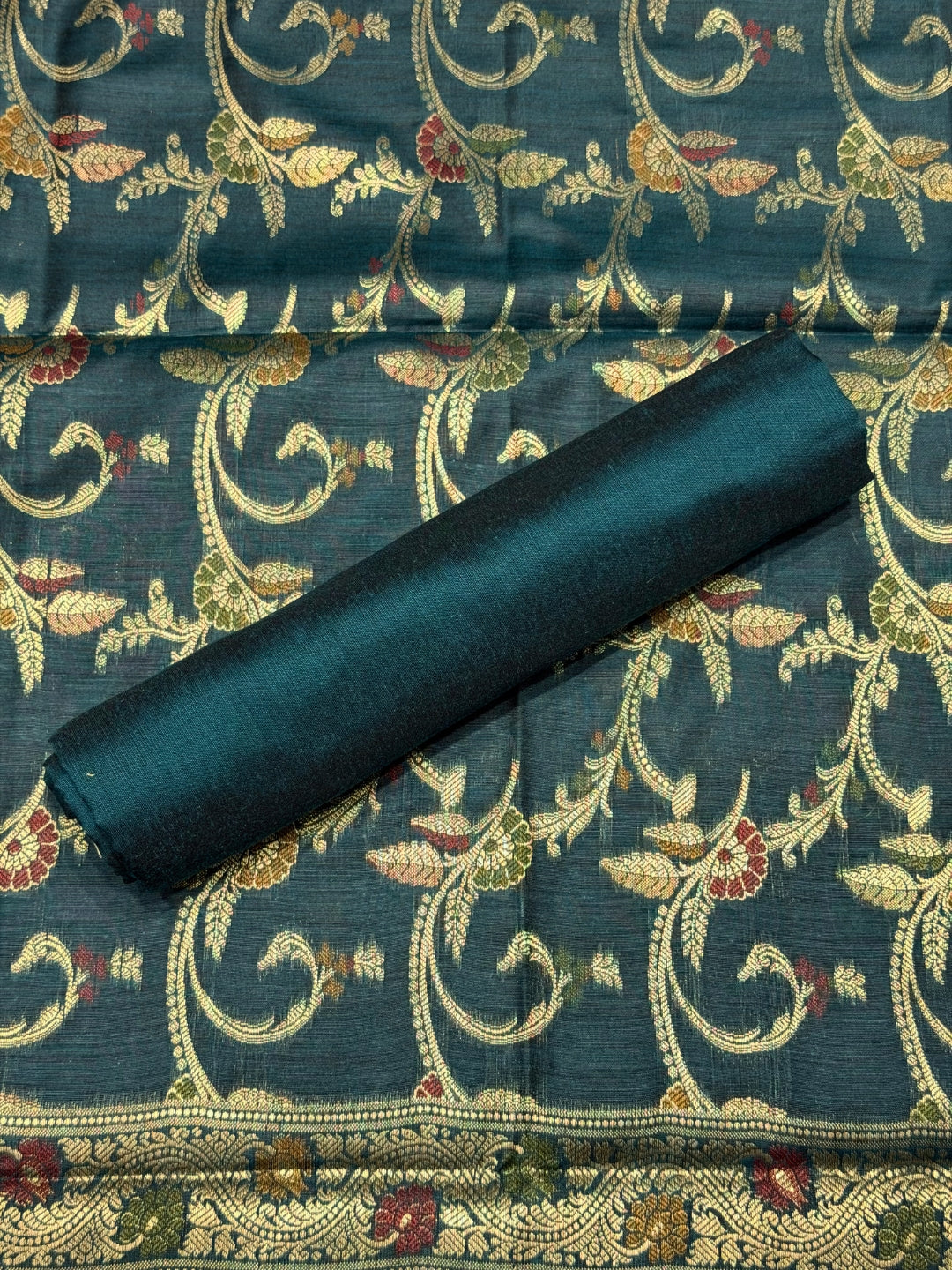 Zari Meenakari Weaving Banarasi Silk Dress Material with Intricate Floral Jhalar Dupatta