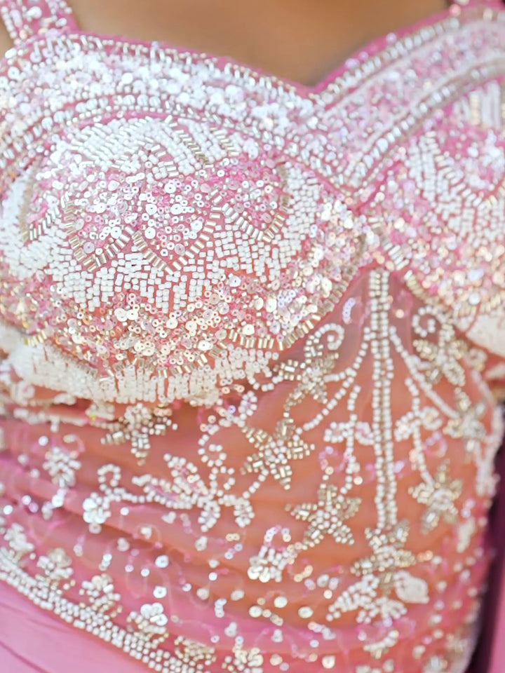 Corset Style Pre-Draped Saree with Floral Pearl Embellshed Bustier and Straps