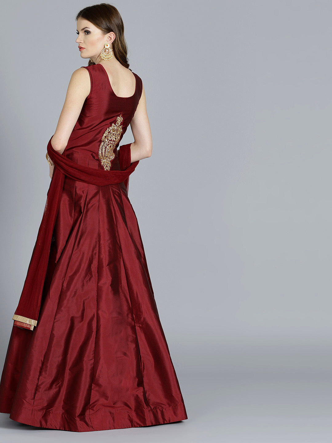 Raw Silk Resham Embroidered Gown With Net Dupatta