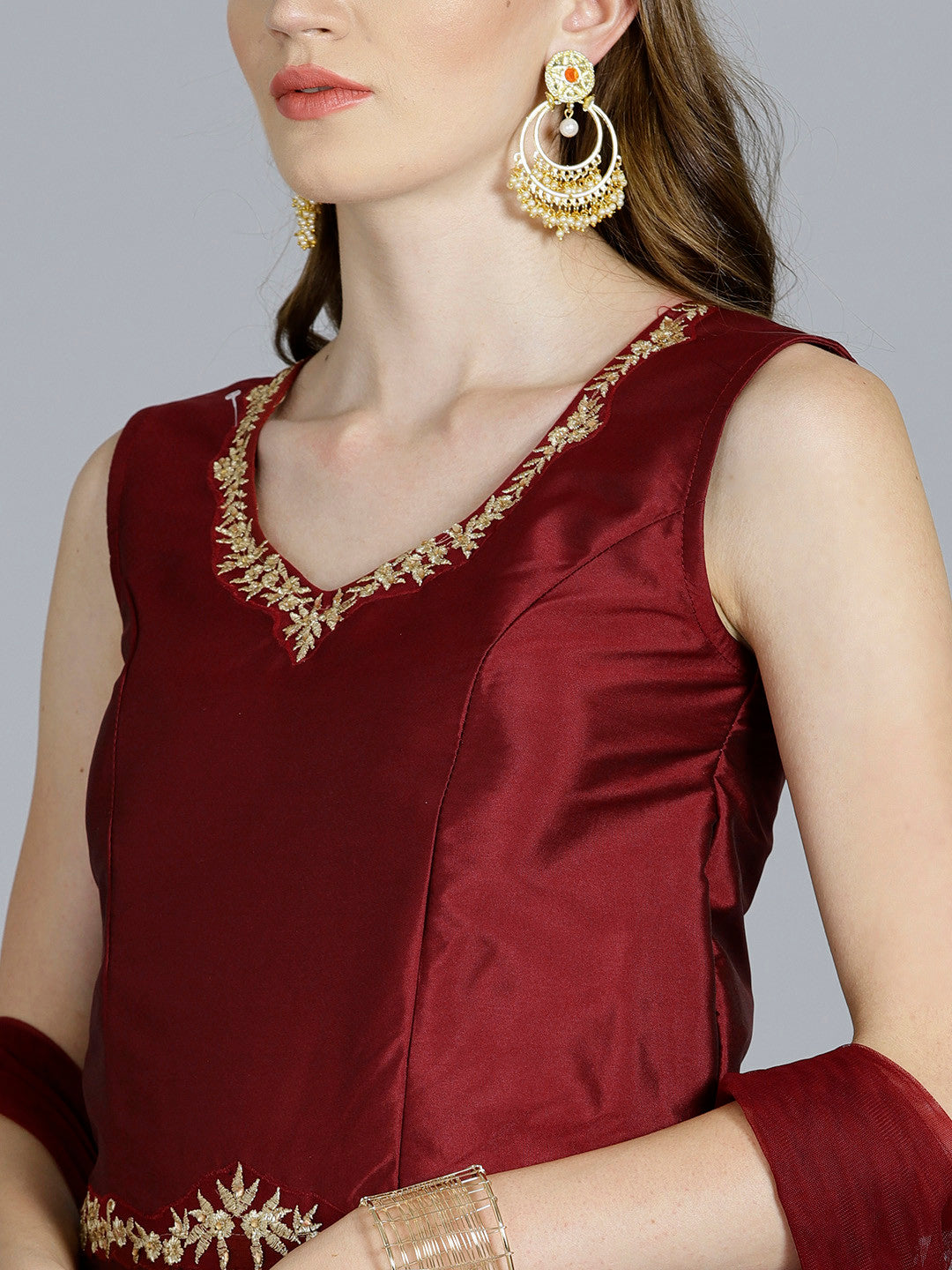 Raw Silk Resham Embroidered Gown With Net Dupatta
