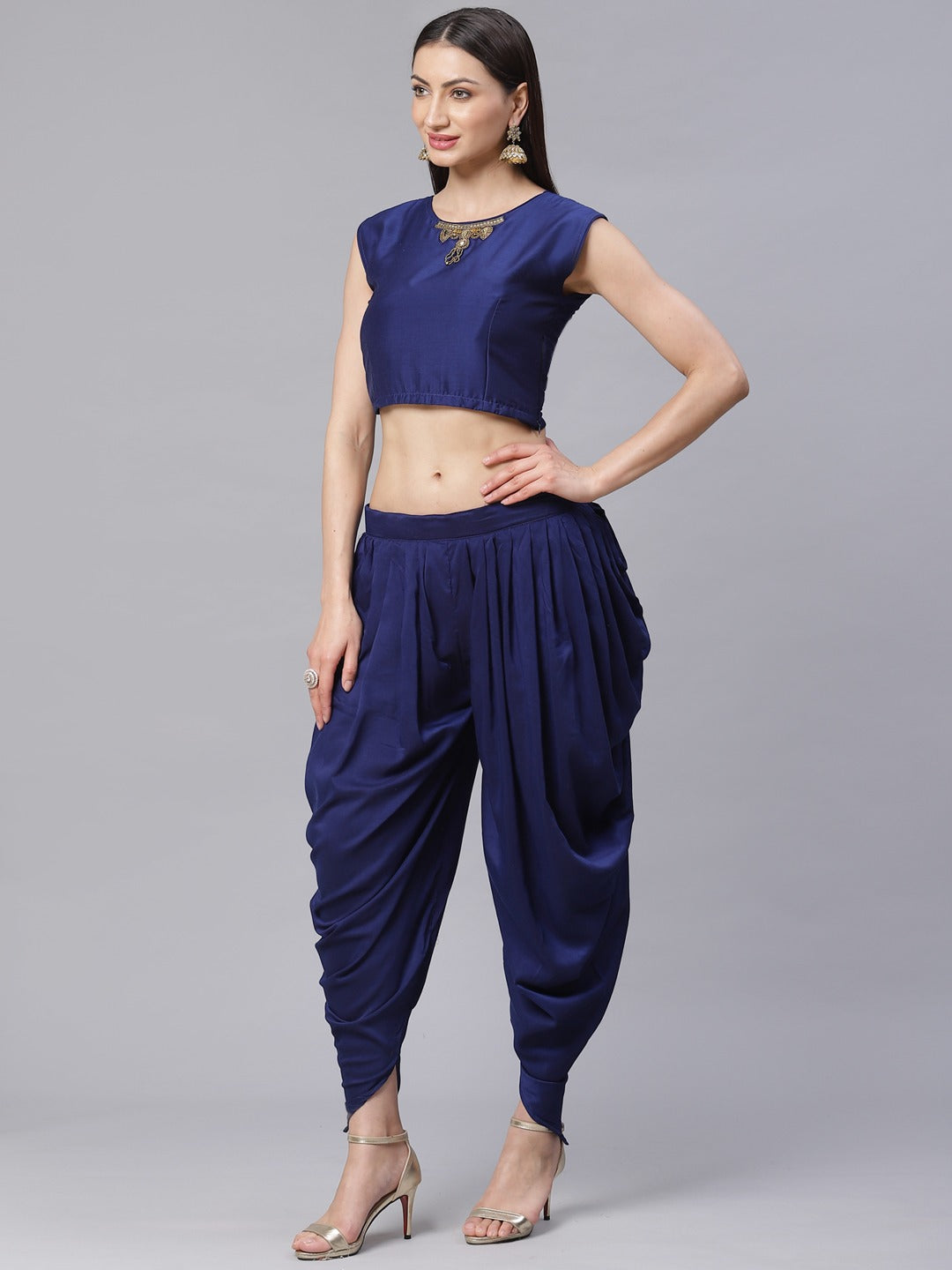 Made to Measure Embroidered Crop Top Dhoti Set with Abstract Print Jacket